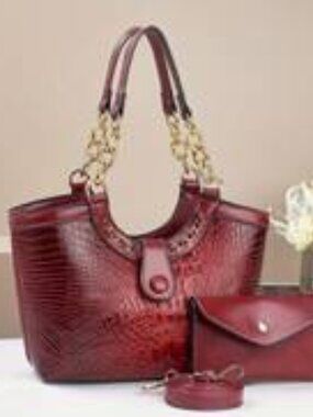 Burgundy Red Croc Embossed 2PC Handbag Set | Shoulder & Crossbody Purse